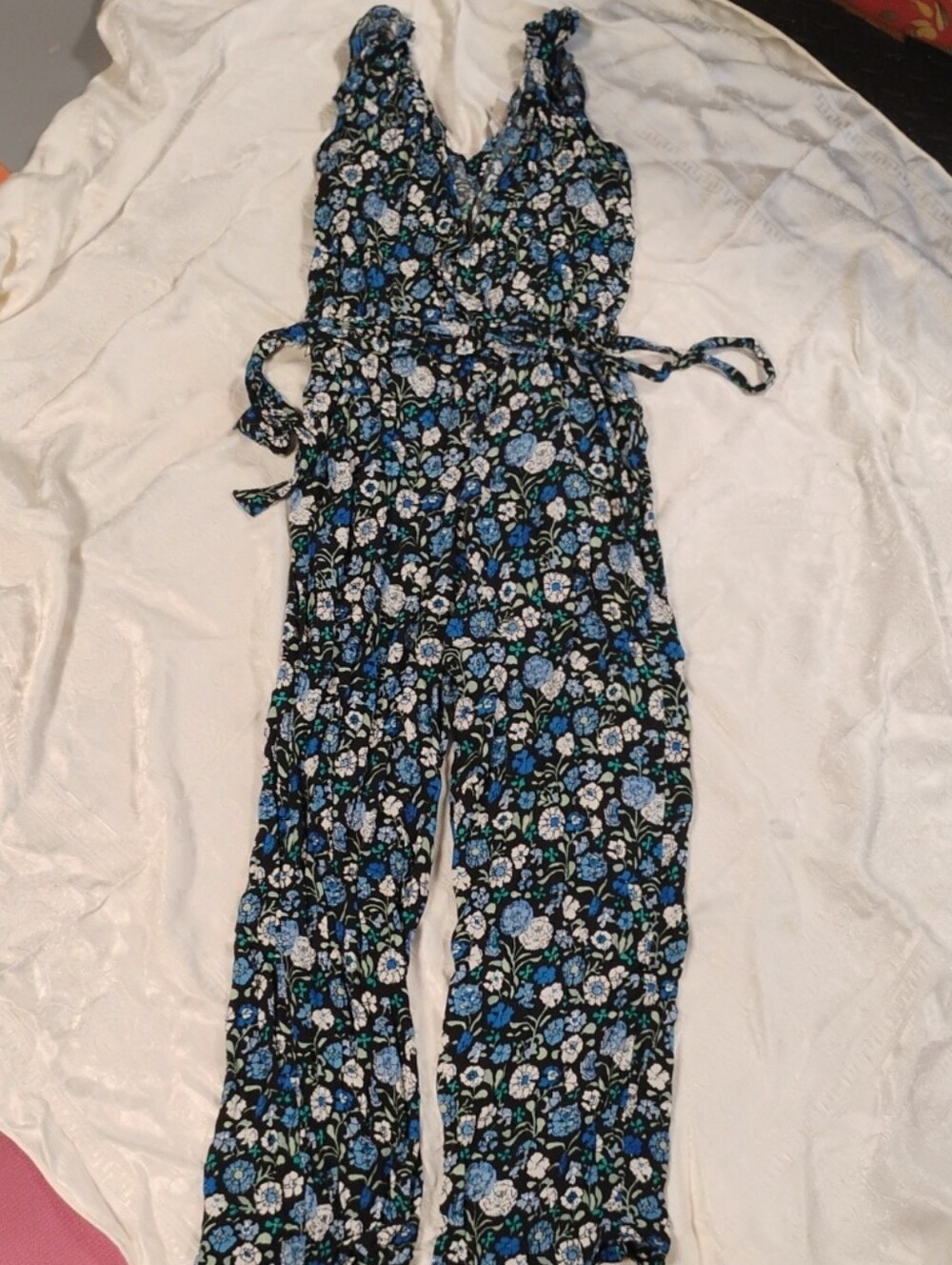 LOFT Floral Print Jumpsuit in Black and Blue, XS